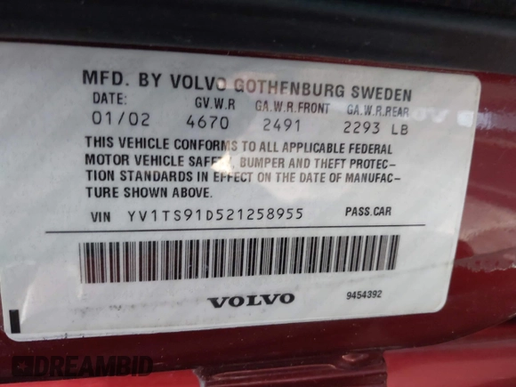 2002 Volvo S80 z VIN YV1TS91D521258955, wystawiony jako IAAI lot #41834536 z przebiegiem 96 160 mil mil oraz . Historia ofert i sprzedaży dostępna na DreamBid. Obrazek 9.