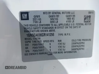 2012 Chevrolet Tahoe LS with VIN 1GNSCAE06CR141256, listed as a IAAI auction lot 41806708 with 105,984 mi miles and . Bid and sale history available at DreamBid. Image 9.