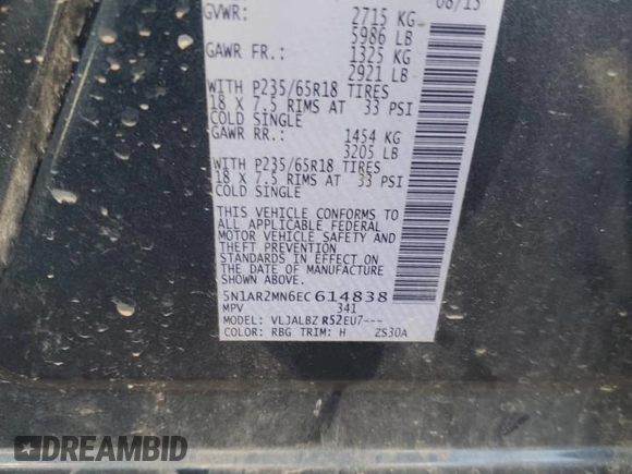 2014 Nissan Pathfinder Platinum with VIN 5N1AR2MN6EC614838, listed as a Copart auction lot 64831045 with 204,516 mi miles and Non repairable. Bid and sale history available at DreamBid. Image 12.