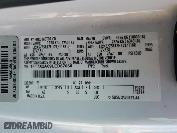 2020 Ford F-250 XL with VIN 1FT7X2A69LED67060, listed as a Copart auction lot 56627325 with 56,924 mi miles and Clean title. Bid and sale history available at DreamBid. Image 12.