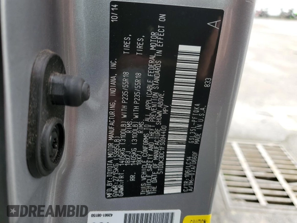 2015 Toyota Sienna Ltd with VIN 5TDDK3DC1FS094400, listed as a Copart auction lot 84051894 with 37,306 mi miles and Salvage Title. Bid and sale history available at carsss.com. Image 12.