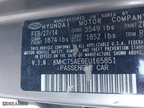 2014 Hyundai Accent GS with VIN KMHCT5AE6EU165851, listed as a IAAI auction lot 41313636 with 161,054 mi miles. Bid and sale history available at carsss.com. Image 9.