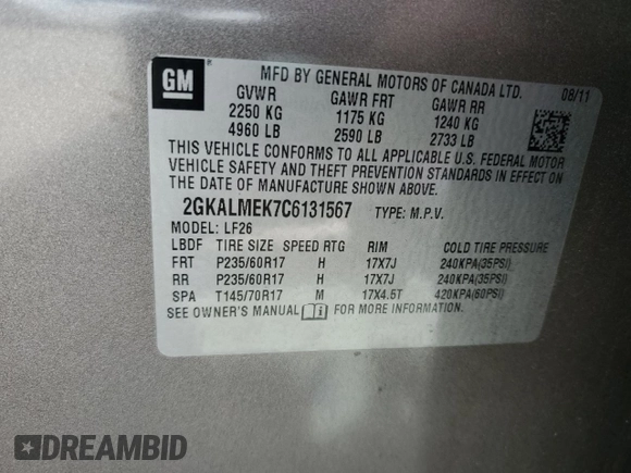 2012 GMC Terrain SLE-1 z VIN 2GKALMEK7C6131567, wystawiony jako Copart lot #65856635 z przebiegiem 211 523 mil mil oraz Czysty tytuł • Clean title. Historia ofert i sprzedaży dostępna na DreamBid. Obrazek 13.