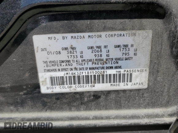 2008 Mazda 3 i Sport with VIN JM1BK32F181100281, listed as a Copart auction lot 50006605 with 134,554 mi miles and Salvage Title. Bid and sale history available at DreamBid. Image 15.