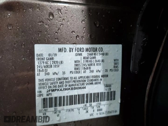 2019 Ford Edge SEL с VIN 2FMPK4J96KBB69644, выставлен на аукционе Copart как лот 58523025 с пробегом 72 024 миль миль и Списание • Salvage title. История ставок и продаж доступна на DreamBid. Изображение 14.