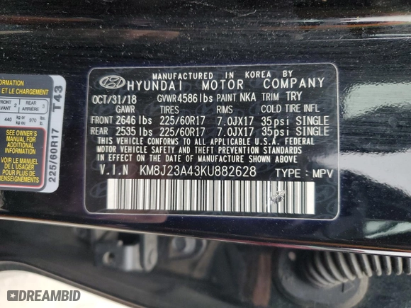 2019 Hyundai Tucson SE with VIN KM8J23A43KU882628, listed as a Copart auction lot 50829695 with 75,067 mi miles and Salvage Title. Bid and sale history available at carsss.com. Image 14.
