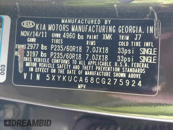 2012 Kia Sorento EX with VIN 5XYKUCA68CG275924, listed as a IAAI auction lot 41623363 with 173,078 mi miles. Bid and sale history available at carsss.com. Image 9.