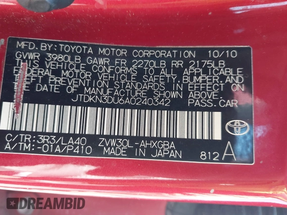 2010 Toyota Prius II with VIN JTDKN3DU6A0240342, listed as a IAAI auction lot 42151133 with 208,355 mi miles. Bid and sale history available at carsss.com. Image 9.