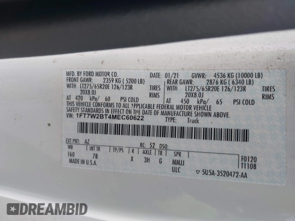 2021 Ford F-250 XL with VIN 1FT7W2BT4MEC60622, listed as a IAAI auction lot 41523519 with 116,037 mi miles and . Bid and sale history available at DreamBid. Image 9.