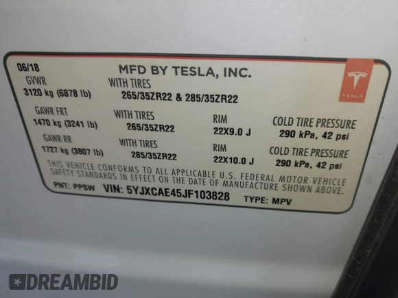 2018 Tesla Model X 75D with VIN 5YJXCAE45JF103828, listed as a IAAI auction lot 41698708 with 118,699 mi miles and . Bid and sale history available at carsss.com. Image 9.