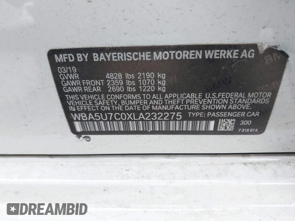2020 BMW 3 Series M340i with VIN WBA5U7C0XLA232275, listed as a IAAI auction lot 41210369 with 56,220 mi miles and . Bid and sale history available at DreamBid. Image 9.