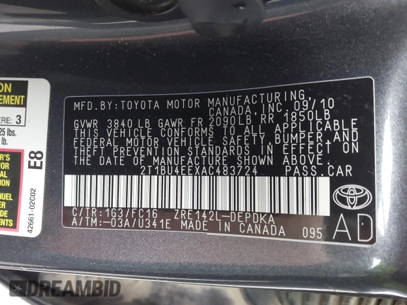 2010 Toyota Corolla with VIN 2T1BU4EEXAC483724, listed as a IAAI auction lot 42348024 with 140,543 mi miles and . Bid and sale history available at DreamBid. Image 9.