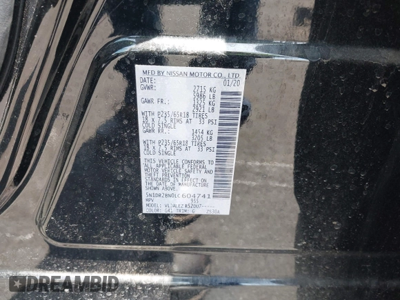 2020 Nissan Pathfinder SV z VIN 5N1DR2BN0LC604741, wystawiony jako IAAI lot #42349825 z przebiegiem 96 349 mil mil oraz . Historia ofert i sprzedaży dostępna na DreamBid. Obrazek 9.