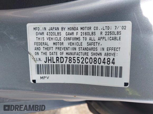 2002 Honda CR-V LX z VIN JHLRD78552C080484, wystawiony jako IAAI lot #42471119 z przebiegiem 256 937 mil mil oraz . Historia ofert i sprzedaży dostępna na DreamBid. Obrazek 9.