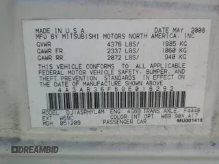 2009 Mitsubishi Galant ES with VIN 4A3AB36F69E016292, listed as a Copart auction lot 53434705 with 191,436 mi miles and Clean Title. Bid and sale history available at carsss.com. Image 12.