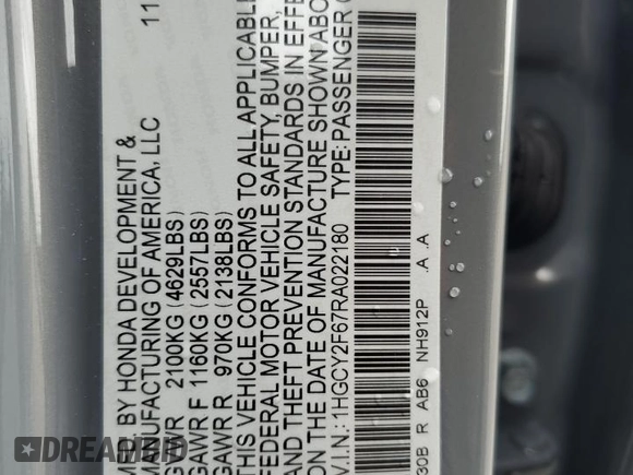 2024 Honda Accord EX-L с VIN 1HGCY2F67RA022180, выставлен на аукционе Copart как лот 57275885 с пробегом 14 132 миль миль и Списание • Salvage title. История ставок и продаж доступна на DreamBid. Изображение 12.