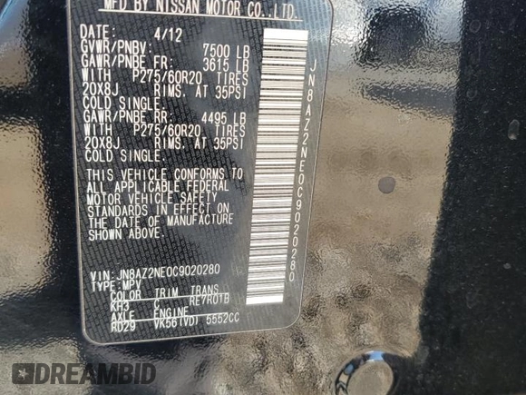 2012 Infiniti QX56 7-passenger with VIN JN8AZ2NE0C9020280, listed as a Copart auction lot 76910394 with 149,414 mi miles and Salvage Title. Bid and sale history available at carsss.com. Image 13.