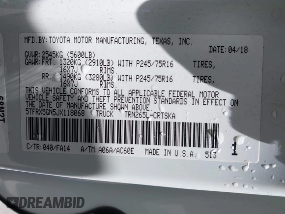 2018 Toyota Tacoma SR with VIN 5TFRX5GN5JX118068, listed as a IAAI auction lot 42267206 with Not provided miles and . Bid and sale history available at DreamBid. Image 9.