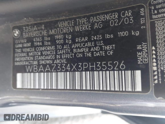 2003 BMW 3 Series 325i with VIN WBAAZ334X3PH35526, listed as a IAAI auction lot 42074943 with Not provided miles and . Bid and sale history available at DreamBid. Image 9.