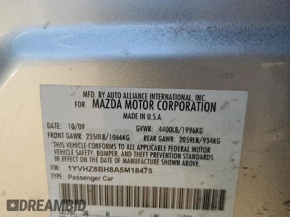 2010 Mazda 6 i Sport with VIN 1YVHZ8BH8A5M18475, listed as a Copart auction lot 50584615 with Not Provided miles and Salvage Title. Bid and sale history available at carsss.com. Image 13.