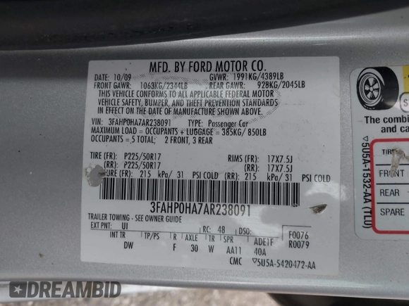 2010 Ford Fusion SE with VIN 3FAHP0HA7AR238091, listed as a IAAI auction lot 41847624 with 157,381 mi miles. Bid and sale history available at carsss.com. Image 9.
