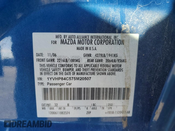 2007 Mazda 6 i Sport VE with VIN 1YVHP84C575M20507, listed as a Copart auction lot 87116984 with 243,434 mi miles and Clean Title. Bid and sale history available at DreamBid. Image 12.
