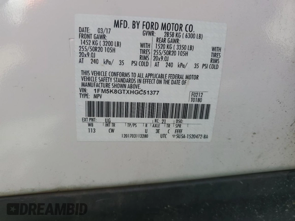 2017 Ford Explorer Sport z VIN 1FM5K8GTXHGC51377, wystawiony jako Copart lot #57176865 z przebiegiem 90 152 mil mil oraz Szkoda całkowita • Salvage title. Historia ofert i sprzedaży dostępna na DreamBid. Obrazek 13.