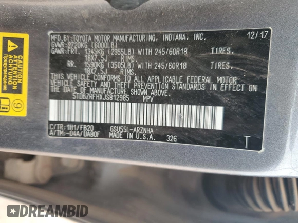 2018 Toyota Highlander LE with VIN 5TDBZRFHXJS812985, listed as a Copart auction lot 58732535 with 93,411 mi miles and Salvage title. Bid and sale history available at DreamBid. Image 12.