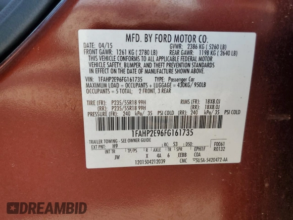 2015 Ford Taurus SEL with VIN 1FAHP2E96FG161735, listed as a Copart auction lot 61865294 with 148,070 mi miles and Salvage Title. Bid and sale history available at DreamBid. Image 15.