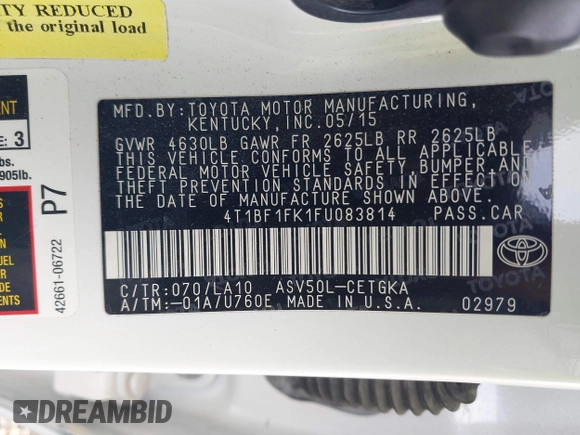 2015 Toyota Camry XLE with VIN 4T1BF1FK1FU083814, listed as a IAAI auction lot 41356310 with 161,671 mi miles and . Bid and sale history available at DreamBid. Image 9.