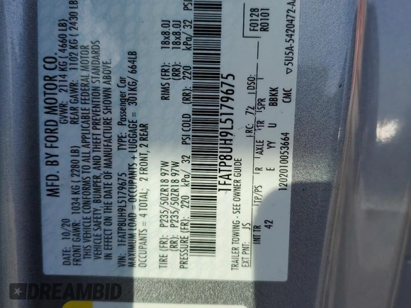 2020 Ford Mustang EcoBoost with VIN 1FATP8UH9L5179675, listed as a Copart auction lot 48813335 with 91,168 mi miles and Salvage Title. Bid and sale history available at carsss.com. Image 13.