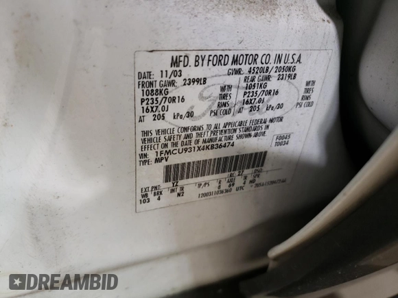2004 Ford Escape XLT z VIN 1FMCU931X4KB36474, wystawiony jako Copart lot #52814635 z przebiegiem 168 550 mil mil oraz Szkoda całkowita • Salvage title. Historia ofert i sprzedaży dostępna na DreamBid. Obrazek 12.