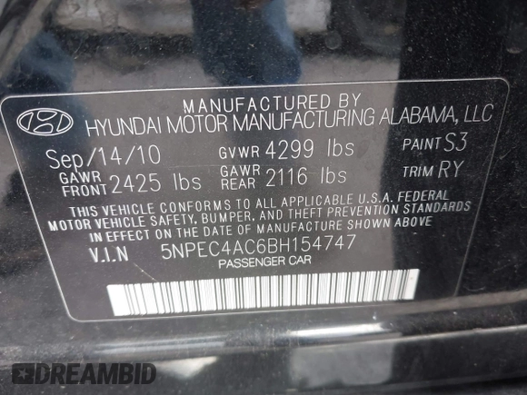 2011 Hyundai Sonata Limited with VIN 5NPEC4AC6BH154747, listed as a IAAI auction lot 42081512 with 235,151 mi miles and . Bid and sale history available at carsss.com. Image 9.