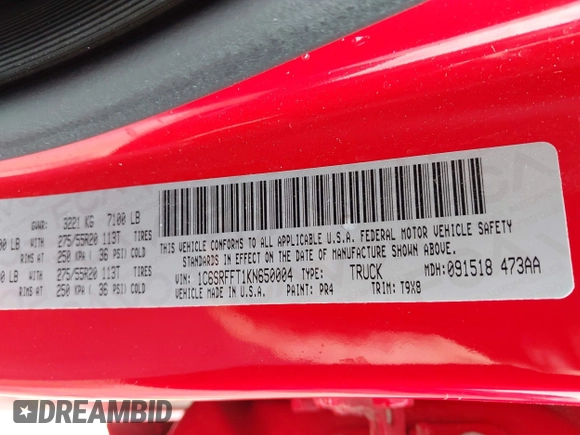 2019 Ram 1500 Big Horn с VIN 1C6SRFFT1KN650004, выставлен на аукционе IAAI как лот 42119833 с пробегом 84 399 миль миль и . История ставок и продаж доступна на DreamBid. Изображение 9.