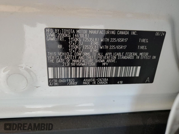 2024 Toyota RAV4 LE with VIN 2T3F1RFV6RW471268, listed as a Copart auction lot 60220465 with 18,457 mi miles and Salvage title. Bid and sale history available at DreamBid. Image 14.