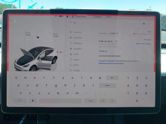 2022 Tesla Model Y Long Range z VIN 7SAYGDEE3NF426481, wystawiony jako IAAI lot #42076729 z przebiegiem 21 648 mil mil oraz . Historia ofert i sprzedaży dostępna na DreamBid. Obrazek 18.
