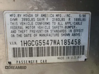 1998 Honda Accord LX с VIN 1HGCG5547WA185458, выставлен на аукционе Copart как лот 89294805 с пробегом Не указан миль и Списание • Salvage title. История ставок и продаж доступна на DreamBid. Изображение 14.