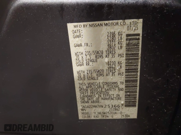 2015 Nissan Murano SL with VIN 5N1AZ2MH7FN253667, listed as a IAAI auction lot 41862164 with 159,993 mi miles and . Bid and sale history available at DreamBid. Image 9.