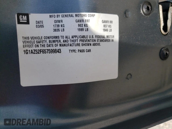 2005 Chevrolet Cobalt LT with VIN 1G1AZ52F657599843, listed as a Copart auction lot 73322314 with 109,263 mi miles and Salvage Title. Bid and sale history available at DreamBid. Image 10.