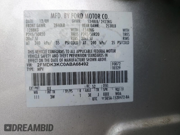2010 Ford Edge Limited with VIN 2FMDK3KC0ABA68492, listed as a Copart auction lot 50794315 with 166,301 mi miles and Clean Title. Bid and sale history available at carsss.com. Image 13.