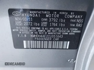 2012 Hyundai Elantra Limited with VIN KMHDH4AE2CU351643, listed as a IAAI auction lot 41433395 with 53,334 mi miles. Bid and sale history available at carsss.com. Image 9.