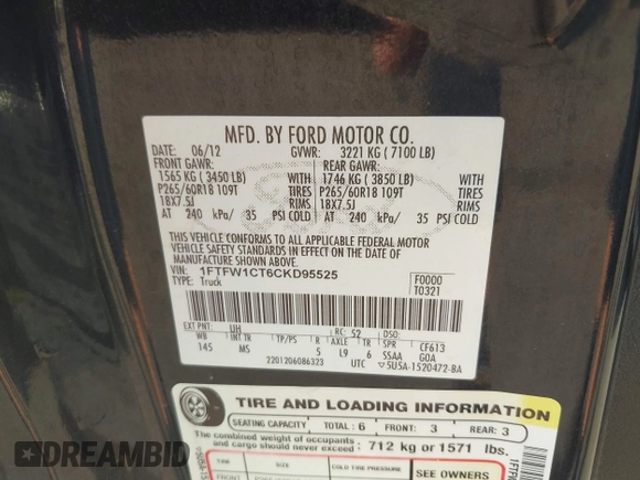2012 Ford F-150 XL with VIN 1FTFW1CT6CKD95525, listed as a IAAI auction lot 41488859 with 211,859 mi miles. Bid and sale history available at carsss.com. Image 9.