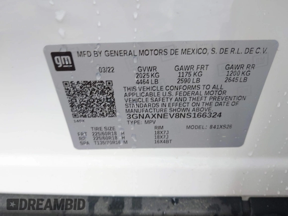 2022 Chevrolet Equinox Premier с VIN 3GNAXNEV8NS166324, выставлен на аукционе IAAI как лот 42233567 с пробегом 35 761 миль миль и . История ставок и продаж доступна на DreamBid. Изображение 9.
