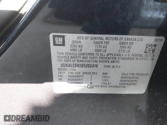 2014 Chevrolet Equinox LT with VIN 2GNALCEK5E6262416, listed as a IAAI auction lot 41920425 with 150,280 mi miles. Bid and sale history available at carsss.com. Image 9.