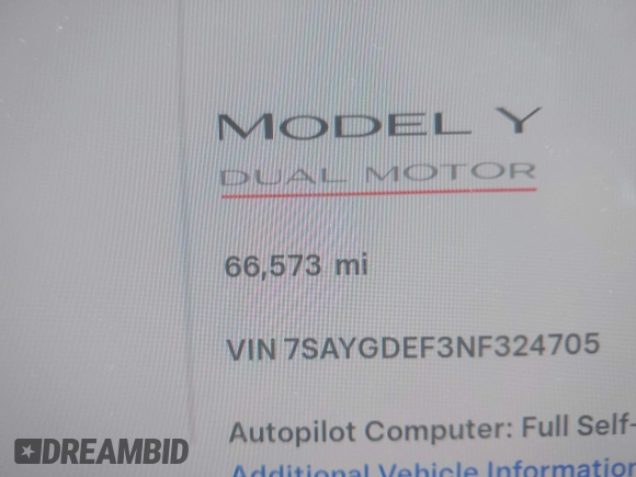 2022 Tesla Model Y Performance with VIN 7SAYGDEF3NF324705, listed as a IAAI auction lot 42076565 with 66,573 mi miles and . Bid and sale history available at DreamBid. Image 15.
