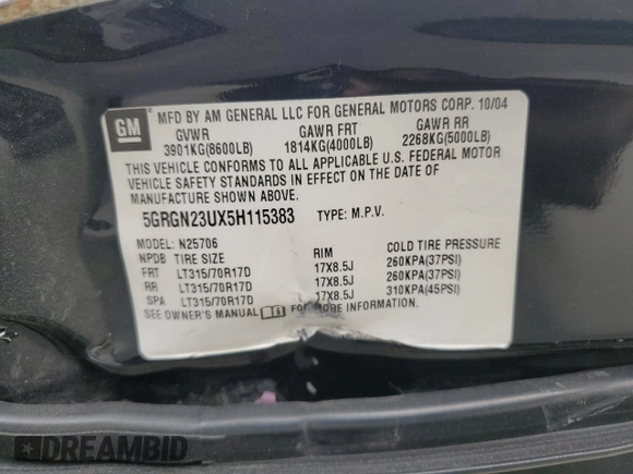 2005 Hummer H2 SUV with VIN 5GRGN23UX5H115383, listed as a Copart auction lot 71682984 with 157,405 mi miles and Salvage Title. Bid and sale history available at carsss.com. Image 14.