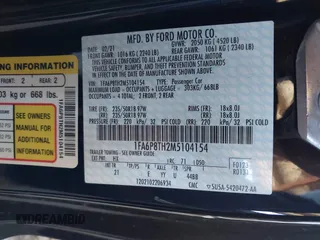 2021 Ford Mustang EcoBoost with VIN 1FA6P8TH2M5104154, listed as a IAAI auction lot 41869810 with 15,561 mi miles and . Bid and sale history available at DreamBid. Image 9.
