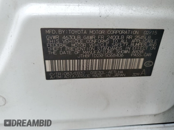 2015 Lexus IS 250 z VIN JTHBF1D2XF5068406, wystawiony jako Copart lot #78890974 z przebiegiem Nie podano mil oraz Szkoda całkowita • Salvage title. Historia ofert i sprzedaży dostępna na DreamBid. Obrazek 13.