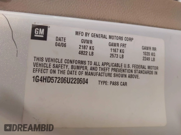 2006 Buick Lucerne CXL with VIN 1G4HD57206U220604, listed as a IAAI auction lot 41833405 with 153,955 mi miles. Bid and sale history available at carsss.com. Image 9.