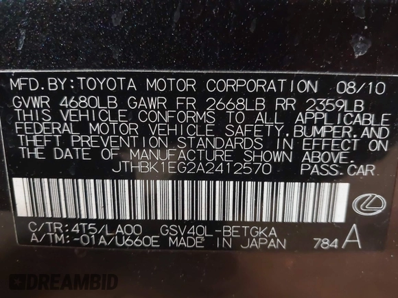 2010 Lexus ES 330 with VIN JTHBK1EG2A2412570, listed as a IAAI auction lot 41433767 with 116,094 mi miles and . Bid and sale history available at DreamBid. Image 9.